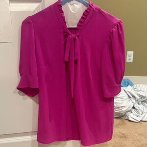 Cece bright pink short sleeve blouse with tie detail